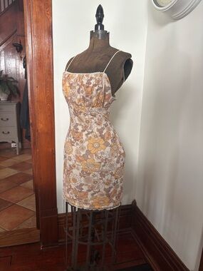 Forever 21 Cream and Mustard Floral Spaghetti-Strap Mini Dress
